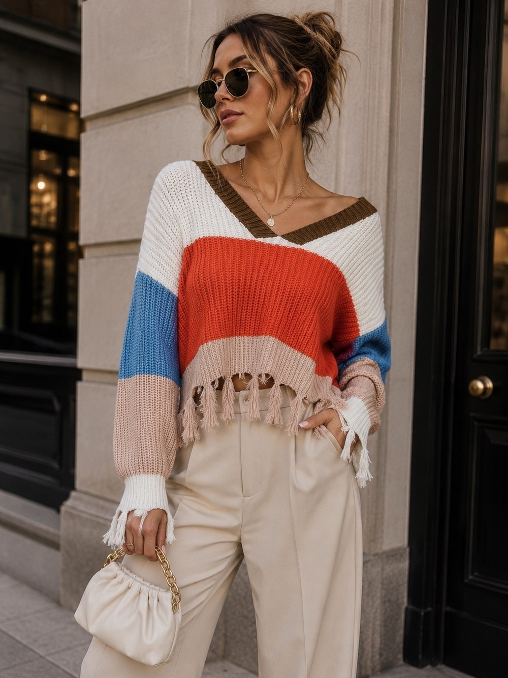 Shein V-Neck Colorblock Blue Orange Drop Shoulder Fringe Hem Sweater Size Medium